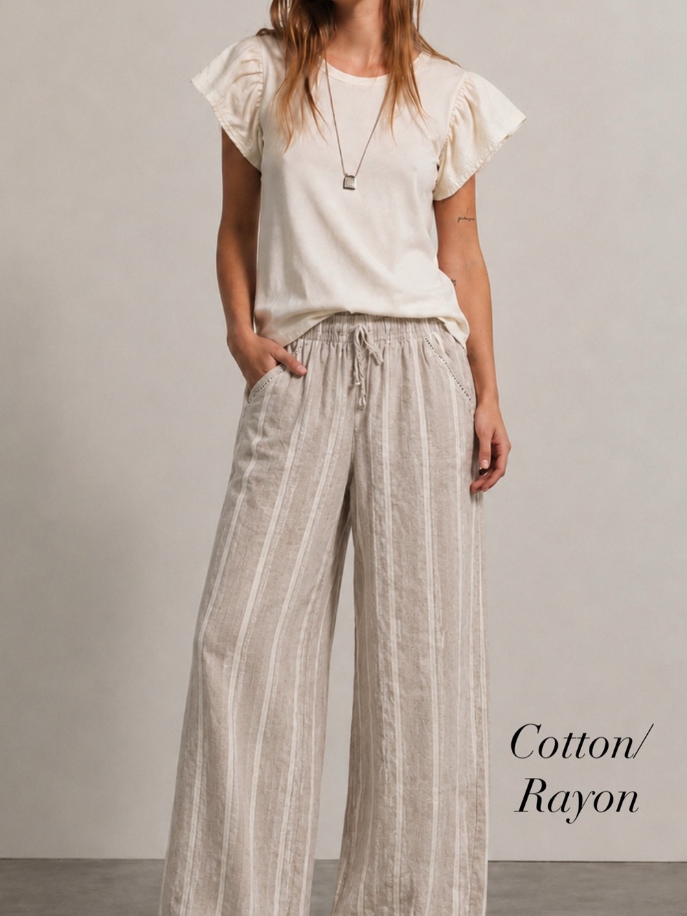 Briggs New York linen/ rayon Ivory & Beige Striped Wide-Leg Pants